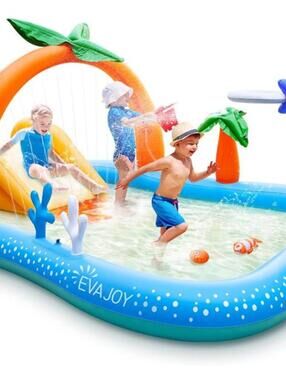Kiddie Pool with Slide Inflatable Play Center, Sprinkler, 95''x75''x40'', Blue